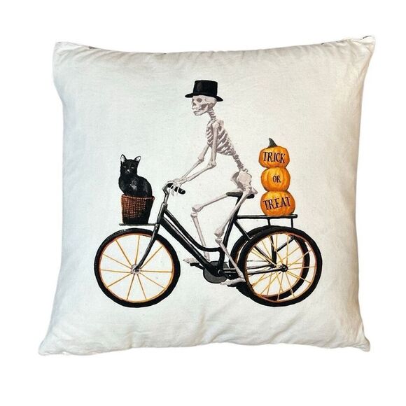 Witch Crafters Decorative Halloween Skeleton on Bike with Black Cat Throw Pillow - Picture 1 of 4